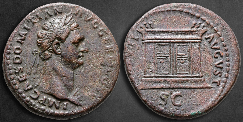 Domitian AD 81-96. Rome
As Æ

26 mm, 10,75 g

IMP CAES DOMITIAN AVG GERM CO...