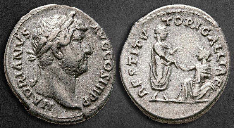 Hadrian AD 117-138. Rome
Denarius AR

18 mm, 3,26 g

HADRIANVS AVG COS III ...