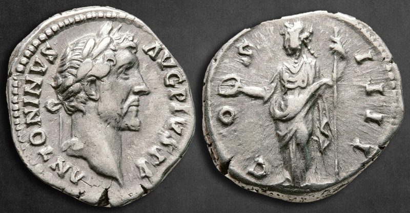 Antoninus Pius AD 138-161. Rome
Denarius AR

19 mm, 3,26 g

ANTONINVS AVG P...