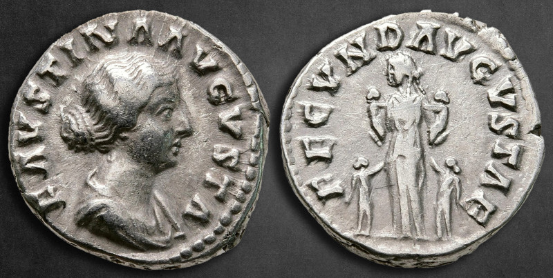 Faustina II AD 147-175. Rome
Denarius AR

17 mm, 3,28 g

FAVSTINA AVGVSTA, ...