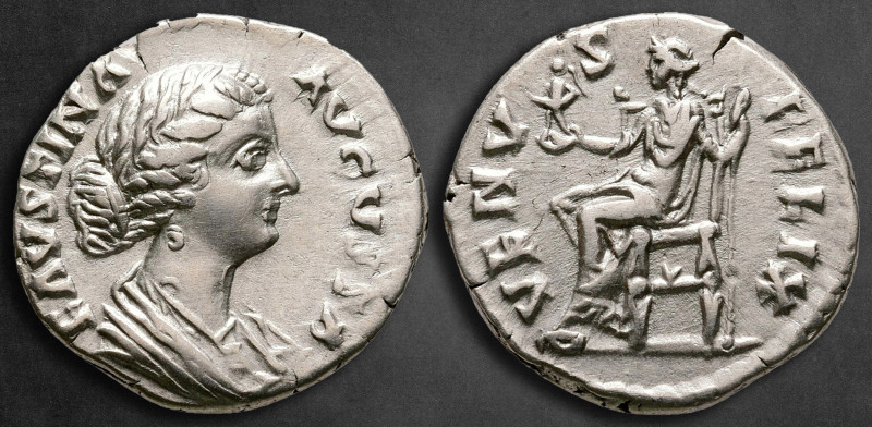 Faustina II AD 147-175. Rome
Denarius AR

18 mm, 2,99 g

FAVSTINA AVGVSTA, ...