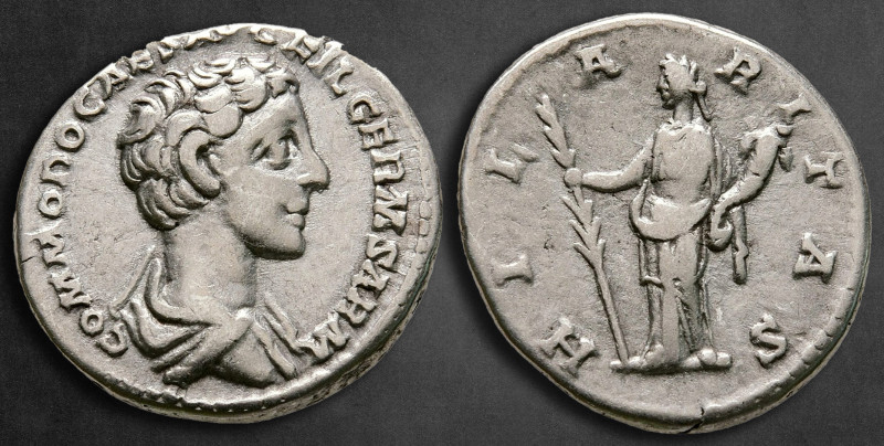 Commodus AD 177-192. Rome
Denarius AR

18 mm, 3,49 g

COMMODO CAES AVG FIL ...