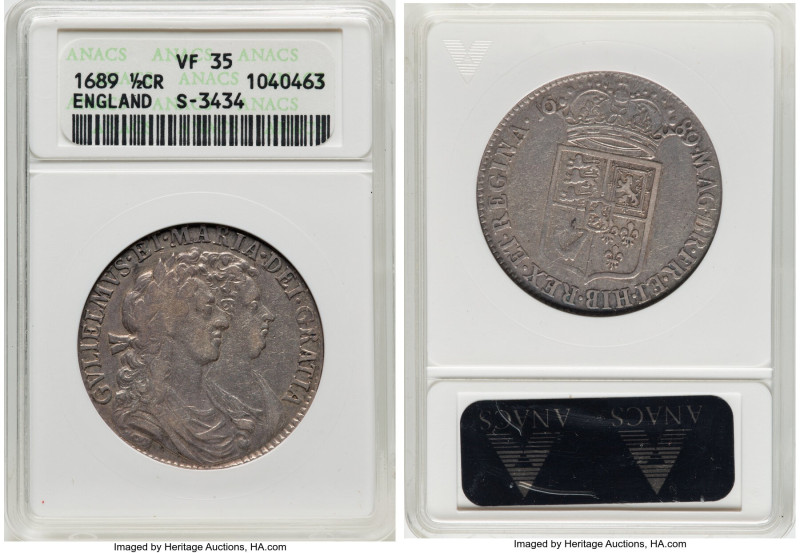 William and Mary 1/2 Crown 1689 VF35 ANACS, KM472.1, S-3434. First bust and shie...