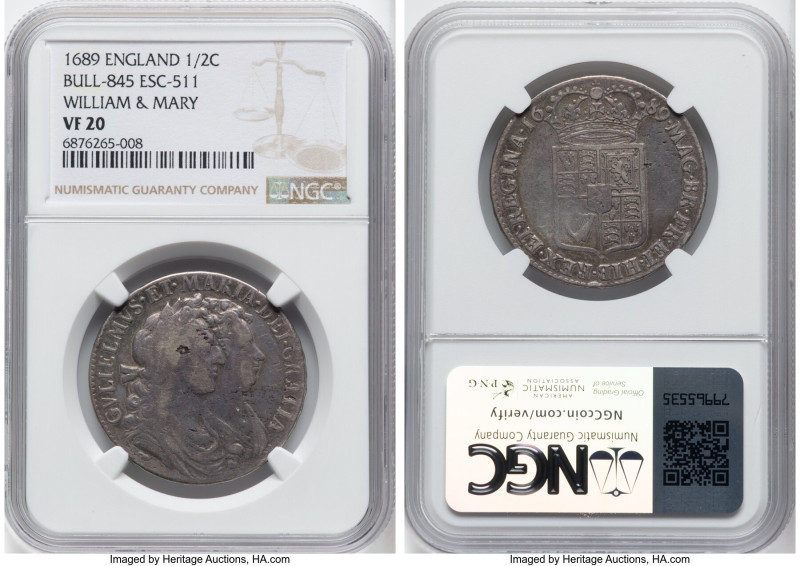 William & Mary 1/2 Crown 1689 VF20 NGC, KM472.2, Bull-845, Esc-511. First bust, ...