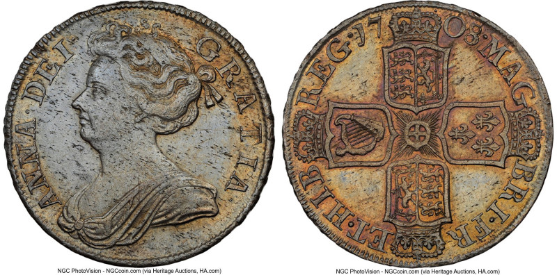 Anne 1/2 Crown 1708 MS61 NGC, KM525.1, S-3604. Plain angles. Rarely offered in M...