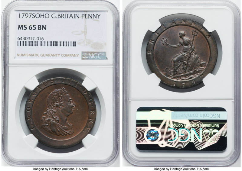 George III "Cartwheel" 2 Pence 1797-SOHO MS65 Brown NGC, KM619, S-3776. Tied for...