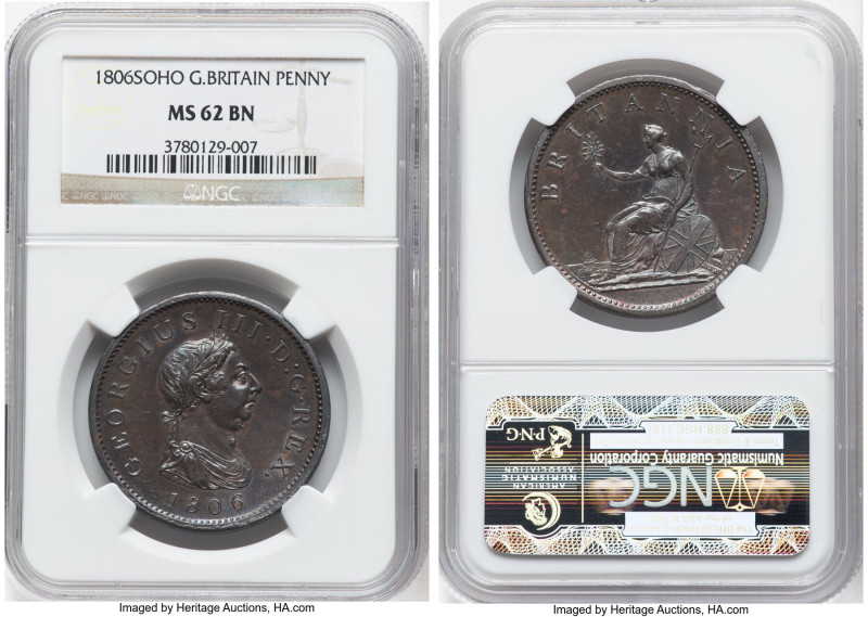 George III Penny 1806-SOHO MS62 Brown NGC, Soho mint, KM663, S-3780. A bounty of...