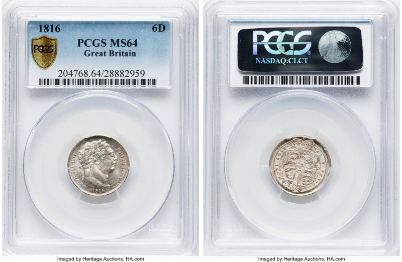 George III 6 Pence 1816 MS64 PCGS, KM665, S-3791. A streak of toning traverses t...