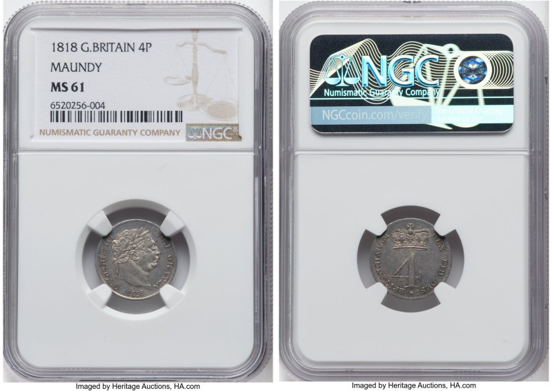 George III 4-Piece Maundy Set 1818 NGC, 1) George III 4 Pence 1818 MS61 NGC, KM6...