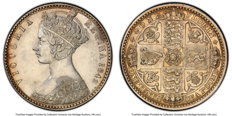 Victoria "Godless" Florin 1849 UNC Details (Corrosion Removed) PCGS, KM745, S-38...