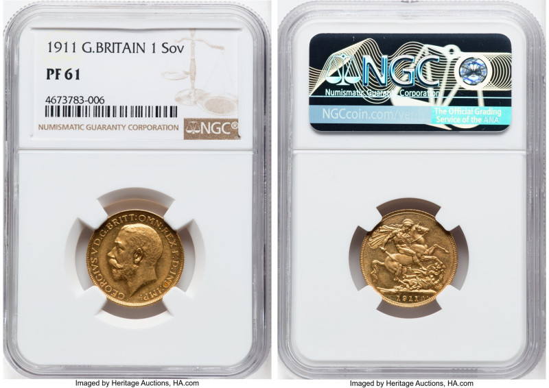 George V gold Proof Sovereign 1911 PR61 NGC, KM820, S-3996. Mintage: 3,764. Quit...