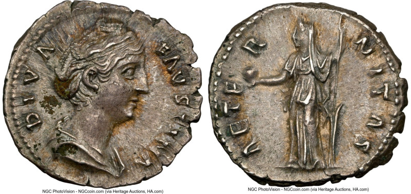 Diva Faustina Senior (AD 138-140/1). AR denarius (18mm, 3.47 gm, 6h). NGC AU 5/5...