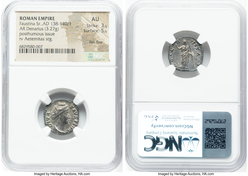 Diva Faustina Senior (AD 138-140/1). AR denarius (18mm, 3.27 gm, 6h). NGC AU 3/5...