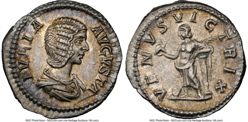 Julia Domna (AD 193-217). AR denarius (19mm, 3.41 gm, 5h). NGC AU 5/5 - 4/5. Rom...