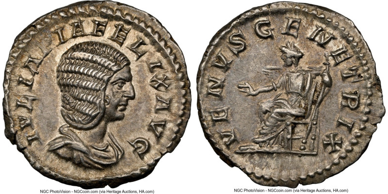 Julia Domna (AD 193-217). AR denarius (19mm, 3.04 gm, 1h). NGC AU 5/5 - 4/5. Rom...