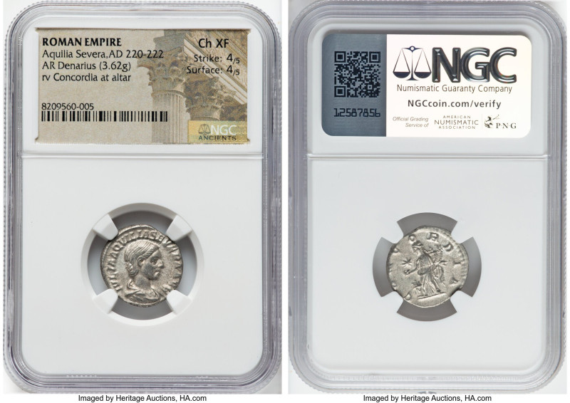 Aquilia Severa (AD 220-222). AR denarius (18mm, 3.62 gm, 11h). NGC Choice XF 4/5...