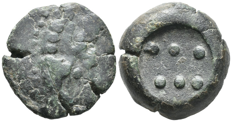 Sicily, Himera, c. 430-420 BC. Æ Hemilitron (28mm, 24.84g). Gorgoneion. R/ Six p...