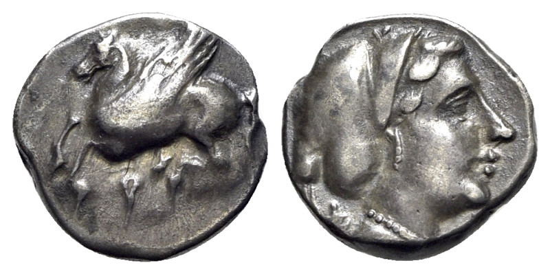 Corinth, c. 350-300 BC. AR Drachm (14mm, 2.32g, 11h). Pegasos flying l. R/ Head ...