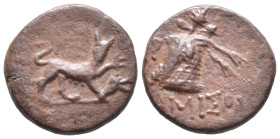 Pontos, Amisos, time of Mithradates VI, c. 85-65 BC. Æ (17mm, 3.56g). Panther standing r., head facing, holding stag head. R/ Filleted thyrsos leaning...