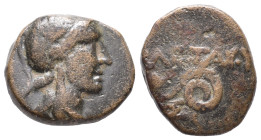 Kings of Pergamon, Philetairos (282-263 BC). Æ (15mm, 3.16g). Helmeted head of Athena r. R/ Serpent coiled r.; M to l. SNG BnF 1658-60. Good Fine
