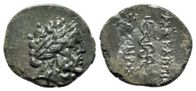 Mysia, Pergamon, c. 133-27 BC. Æ (17mm, 2.23g, 12h). Laureate head of Asklepios r. R/ Serpent-entwined staff of Asklepios. SNG BnF 1828-48. VF - Good ...