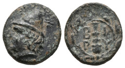 Troas, Birytis, 4th-3rd centuries BC. Æ (12mm, 1.36g). Head of Kabeiros l., wearing pileos; two stars above. R/ Club within wreath. BMC 1; SNG Copenha...