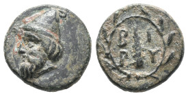 Troas, Birytis, 4th-3rd centuries BC. Æ (12mm, 1.40g). Head of Kabeiros l., wearing pileos; two stars above. R/ Club within wreath. SNG Copenhagen 249...