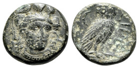 Troas, Sigeion, c. 350 BC. Æ (18mm, 5.12g, 12h). Head of Athena slightly facing r., wearing triple-crested helmet. R/ Owl standing r.; crescent to l. ...