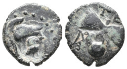 Troas, Tenedos, c. 2nd century BC. Æ (12.5mm, 1.28g). Helmeted head of Athena r.; c/m: owl standing r. R/ Bipennis; monogram to l. Cf. SNG Arikantürk ...