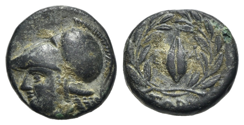 Aeolis, Elaia, c. 340-300 BC. Æ (15mm, 3.44g, 9h). Uncertain magistrate. Helmete...