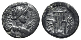 Aeolis, Myrina. Pseudo-autonomous issue, 2nd century AD. Æ (16mm, 3.05g, 6h). Polida, strategos. Laureate and draped bust of Apollo r.; palm branch be...