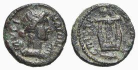 Aeolis, Myrina, c. AD 138-192. Æ (16mm, 2.73g, 6h). Fl. Kalli-, strategos. Laureate bust of Apollo r.; palm-branch before. R/ Lyre; palm-branch below....