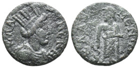 Ionia, Klazomenai. Pseudo-autonomous, c. 3rd century AD. Æ (16mm, 2.13g). Turreted and draped bust of Tyche r. R/ Asklepios standing facing, head l., ...