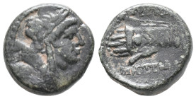 Ionia, Smyrna, 2nd-1st century BC. Æ (14mm, 3.87g). Metrodoros, magistrate. Laureate head of Apollo r. R/ Hand in caestus. Cf. SNG Copenhagen 1172. Ne...