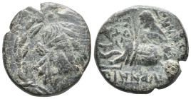 Ionia, Smyrna, c. 75-50 BC. Æ (21mm, 7.28g). Laureate head of Apollo r. within wreath. R/ Homer seated l., resting chin on hand, holding transverse sc...