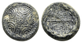 Lydia, Philadelphia, 1st century BC. Æ (15mm, 4.43g). Macedonian shield. R/ Winged thunderbolt within wreath; monogram above. Cf. SNG Copenhagen 343. ...