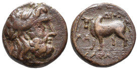 Lydia, Tralleis, c. 220-200 BC. Æ (16mm, 4.22g). Laureate head of Zeus r. R/ Zebu standing l. GRPC 56; SNG Copenhagen 666. Near VF