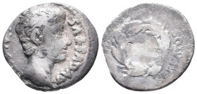 Augustus (27 BC-AD 14). AR Denarius (18mm, 3.31g). Uncertain Spanish mint (Colonia Patricia?), c. 19 BC. Bare head r. R/ Oak wreath with ties upward. ...