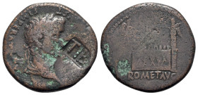 Tiberius (Caesar, AD 4-14). Æ As (27mm, 10.49g, 12h). Lugdunum, 13-4. Laureate head of Tiberius r.; c/m: TIB within rectangular incuse. R/ Front eleva...