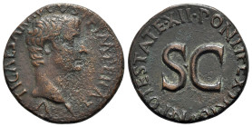 Tiberius (Caesar, 4-14). Æ As (28mm, 11.06g, 12h). Rome, 10-1. Bare head r. R/ Legend around large S • C. RIC I 469 (Augustus). Roughness on obv., oth...