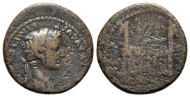 Tiberius (14-37). Æ Dupondius (26mm, 10.36g, 12h). Rome, c. 13-14. Laureate head r. R/ Front elevation of the Altar of Lugdunum, decorated with the co...