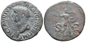 Claudius (41-54). Æ As (30mm, 10.08g). Rome. Bare head l. R/ Minerva, wearing aegis, advancing r., brandishing spear with r. hand and holding round sh...