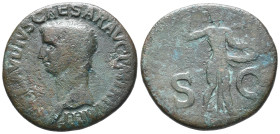 Claudius (41-54). Æ As (28mm, 10.52g). Rome. Bare head l. R/ Minerva standing r., brandishing javelin and holding shield on l. arm. RIC I 116. Fine