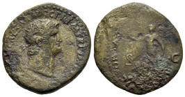 Nero (54-68). Æ As (29mm, 12.59g, 6h). Lugdunum. Laureate head r. R/ Victory advancing l., holding wreath and palm frond. Cf. RIC I 522. Near VF