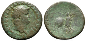 Nero (54-68). Æ As (28mm, 9.29g, 6h). Lugdunum, AD 66. Laureate head r., globe at point of neck. R/ Victory flying l., holding shield inscribed SPQR. ...