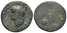 Nero (54-68). Æ As (28mm, 9.53g, 6h). Lugdunum, c. AD 66. Bare head l. R/ Victory flying l., holding shield inscribed SPQR. Cf. RIC I 544. VF