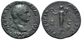 Vespasian (69-79). Æ As (27mm, 10.82g, 6h). Lugdunum, AD 71. Laureate head r., small globe at point of bust. R/ Victory walking l., holding wreath and...