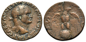 Vespasian (69-79). Æ As (26mm, 11.17g, 7h). Lugdunum, AD 72. Laureate head r., globe at point of neck. R/ Eagle standing facing on globe, head r., win...