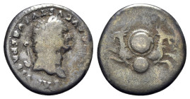 Divus Vespasian (died AD 79). AR Denarius (18mm, 2.92g, 6h). Rome, 80-1. Laureate head r. R/ Foreparts of two capricorns springing in opposing directi...