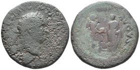 Titus (79-81). Æ Sestertius (33mm, 24.35g). Rome, 80-1. Laureate head r. R/ Vespasian and Titus standing r. and l. together holding a globe over rudde...